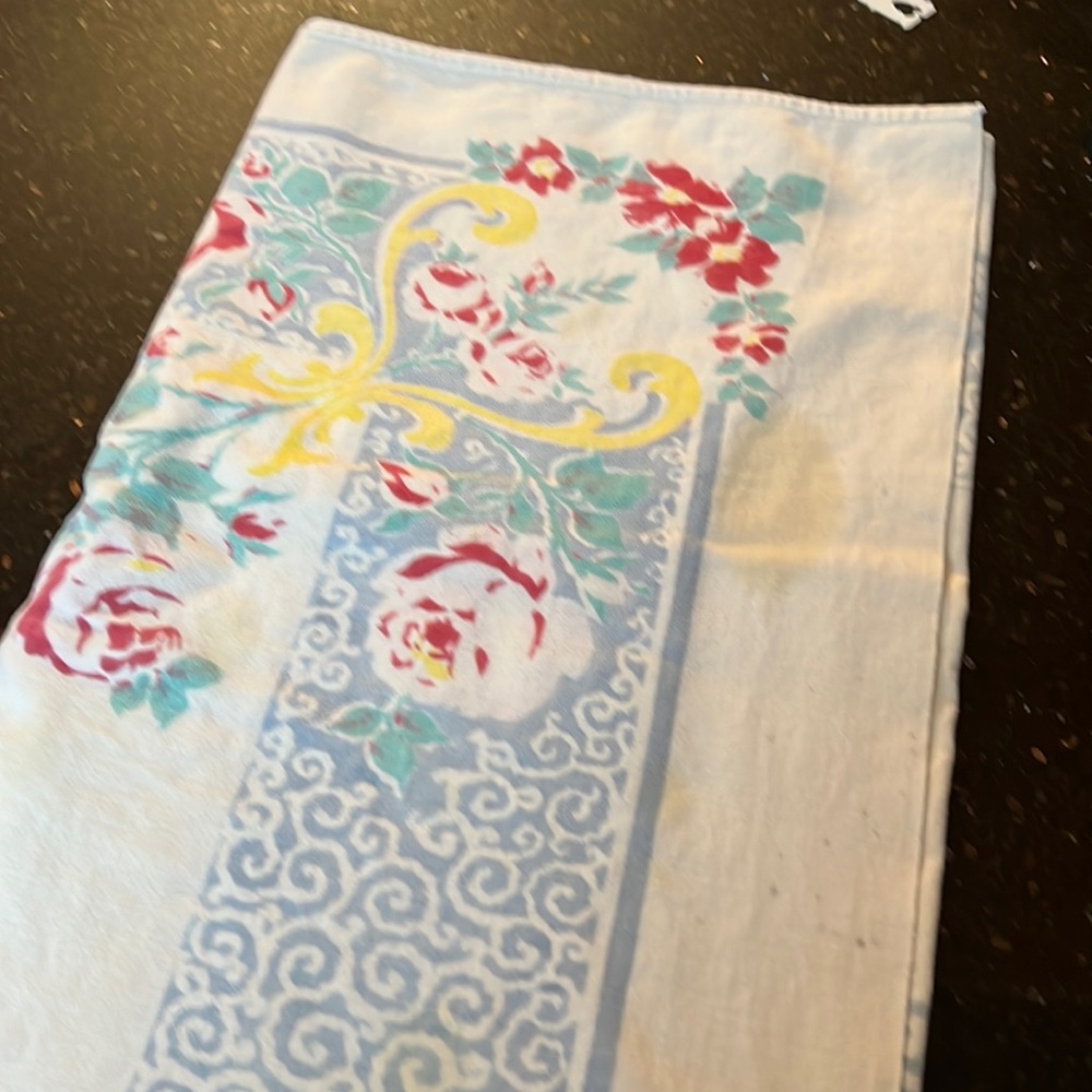 1950s tablecloth has a couple of small stains on it